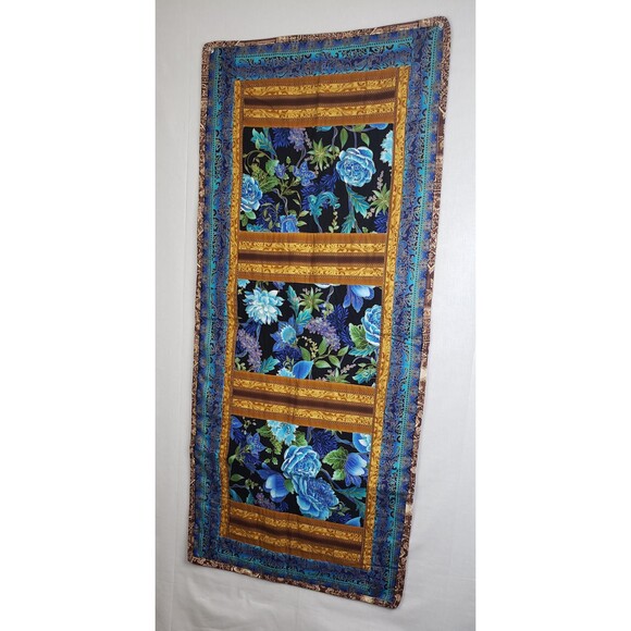 Table Runner Blue Flowers Brown Trimming 18 X 41 - Picture 2 of 8